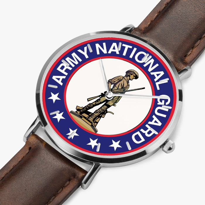 US Army National Guard-Ultra Thin Leather Strap Quartz Watch (Silver With Indicators)