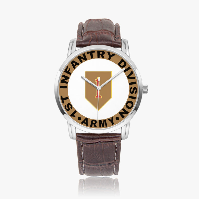 1st Infantry Division-Wide Type Silver Watch with a Brown Leather Band