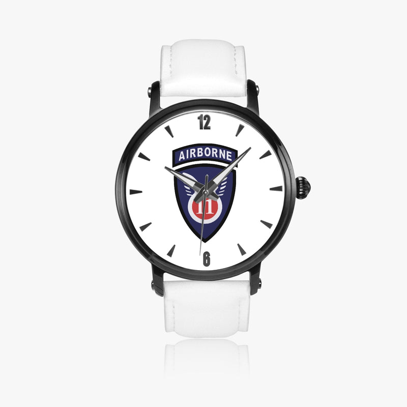 11th Airborne Division-46mm Automatic Watch with a White Leather Band