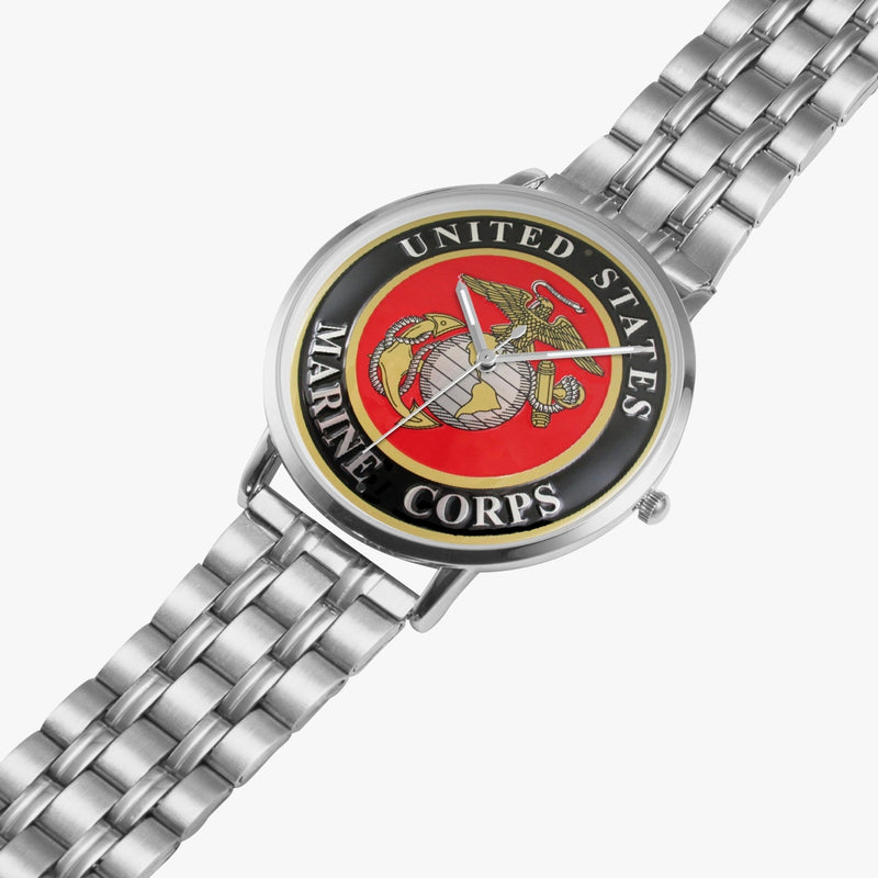 United States Marine Corps Silvertone Watch is displayed in a perspective view on a white background with the silver metal strap stretched out.