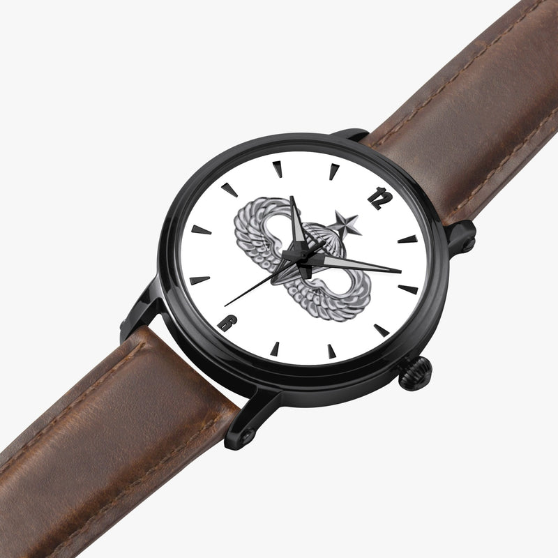 Senior Parachutist-46mm Automatic Watch is displayed in a perspective view on a white background with a brown leather band