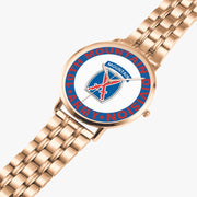 10th Mountain Division Goldtone Watch is displayed in a perspective view on a white background with the gold metal strap stretched out.