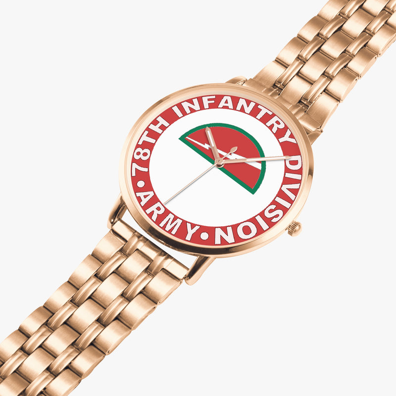 78th Infantry Division Goldtone Watch is displayed in a perspective view on a white background with the gold metal strap stretched out.