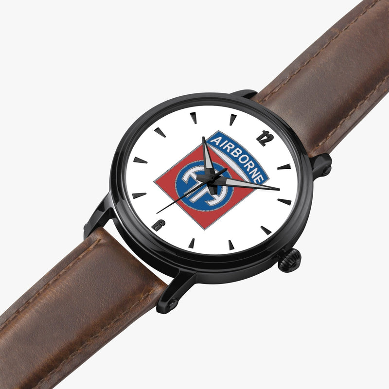 82nd Airborne Division-46mm Automatic Watch is displayed in a perspective view on a white background with a brown leather band