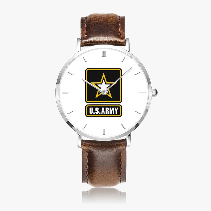 US Army-Ultra Thin Leather Strap Quartz Watch (Silver With Indicators)