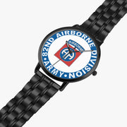 82nd Airborne Division Watch is displayed in a perspective view on a white background with the black metal strap stretched out.