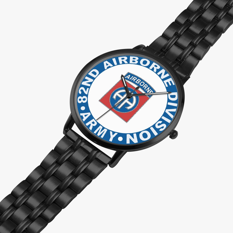 82nd Airborne Division Watch is displayed in a perspective view on a white background with the black metal strap stretched out.