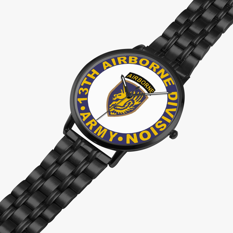 11th Airborne Division Watch is displayed in a perspective view on a white background with the black metal strap stretched out.
