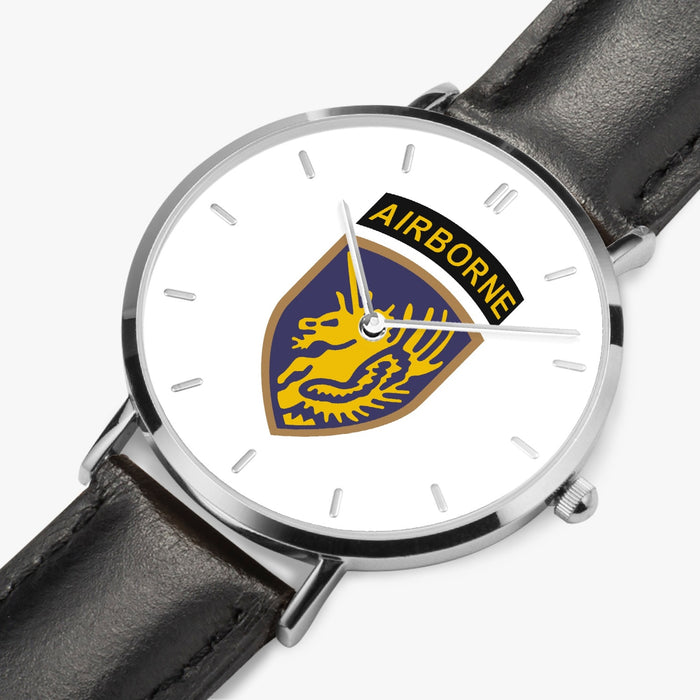13th Airborne Division-Ultra Thin Leather Strap Quartz Watch (Silver With Indicators)