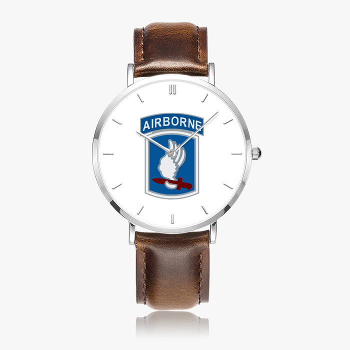 173rd Airborne Brigade-Ultra Thin Leather Strap Quartz Watch (Silver With Indicators)