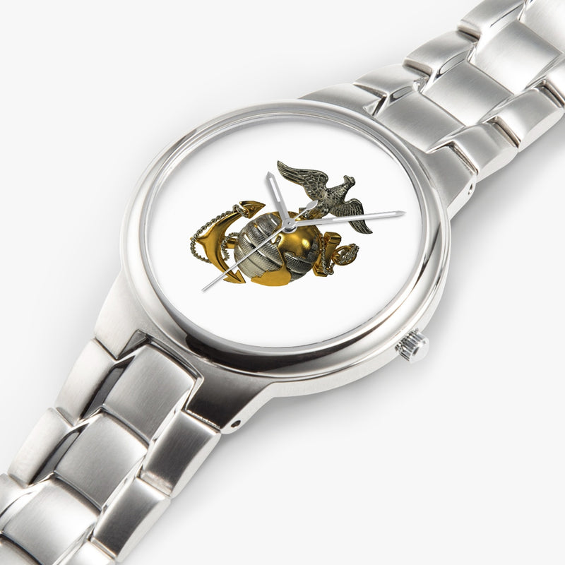 Top View - US Marine Corps-Silver Stainless Steel Silver Quartz Watch