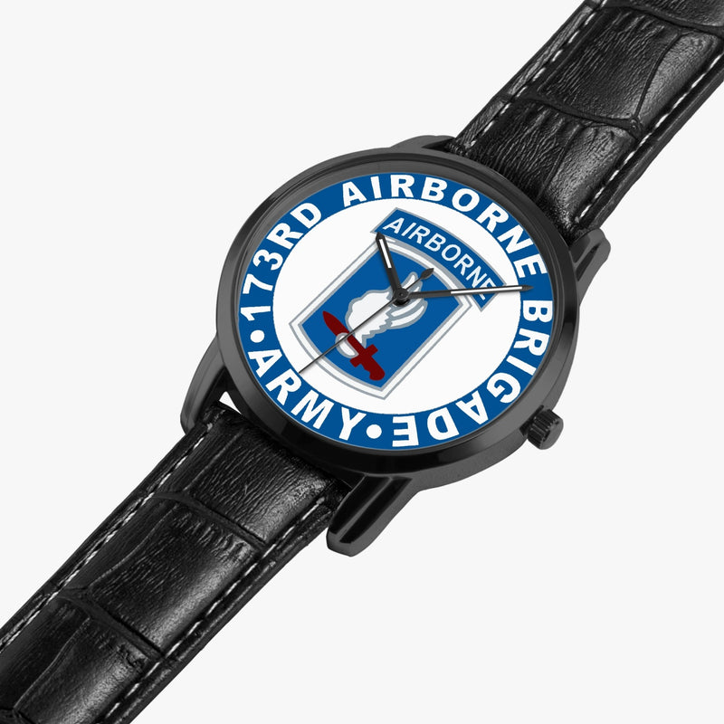 173rd Airborne Brigade-Wide Type Black Watch is displayed in a perspective view on a white background with the black leather band.