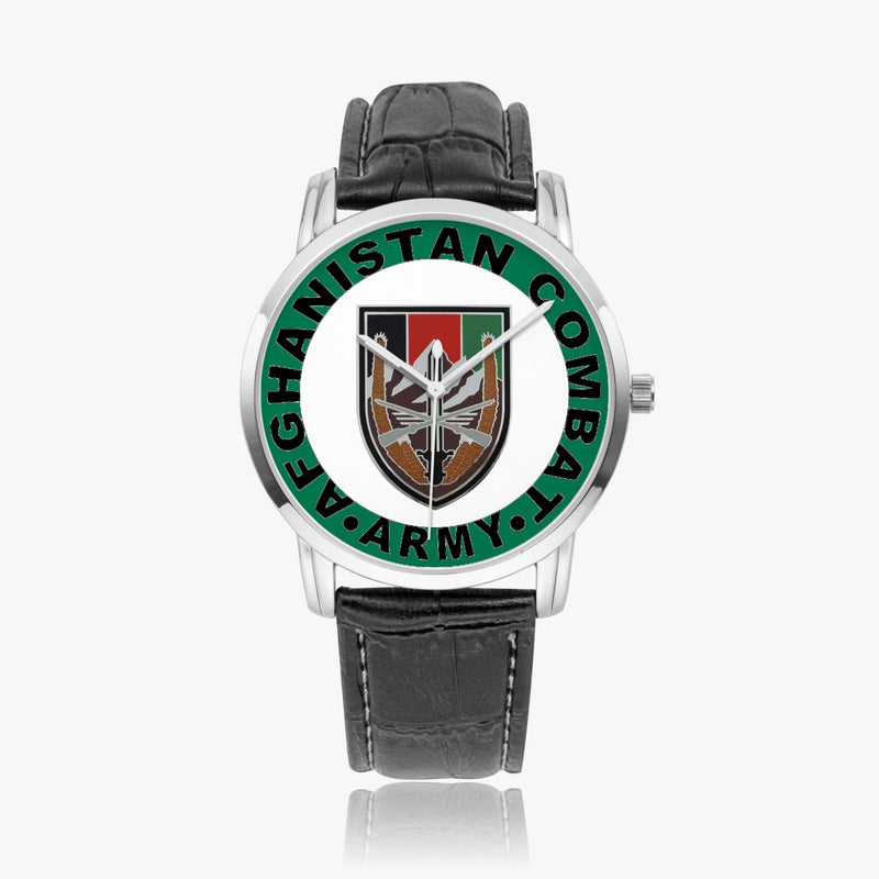 US Forces Afghanistan-Wide Type Silver Watch with a Black Leather Band