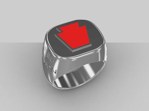 A video illustrating a sleek silver men's military style signet ring with a raised 28th Infantry Badge logo rotating on a 360 degree turn table.