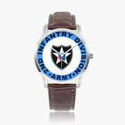 2nd Infantry Division-Wide Type Silver Watch with a Brown Leather Band