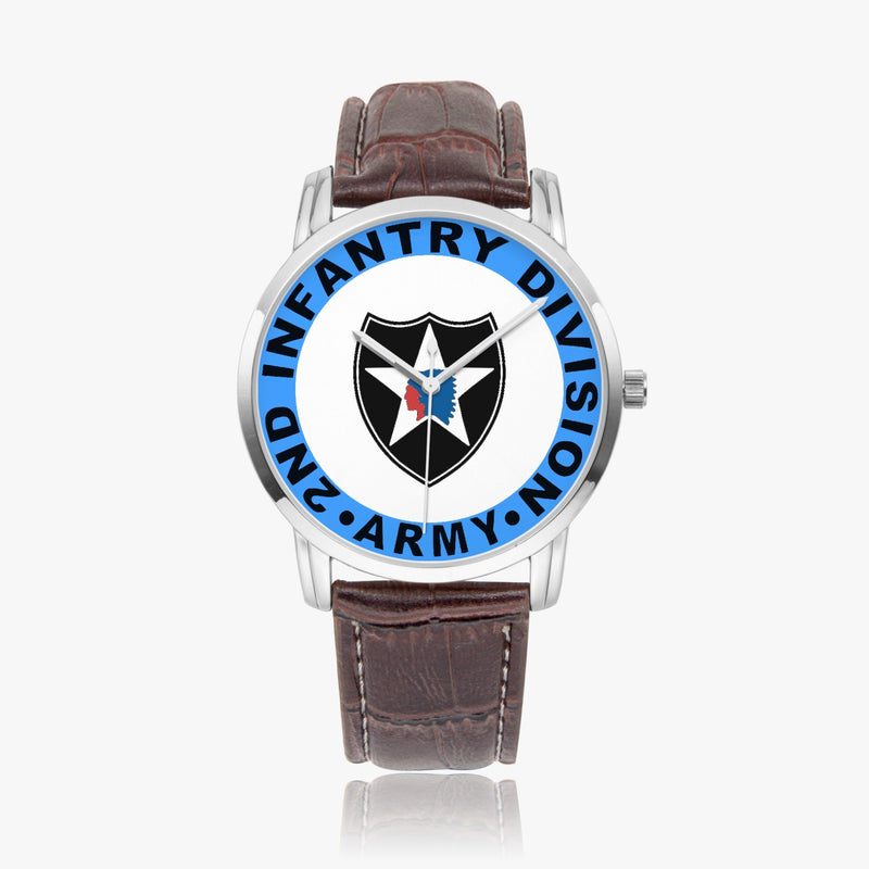 2nd Infantry Division-Wide Type Silver Watch with a Brown Leather Band