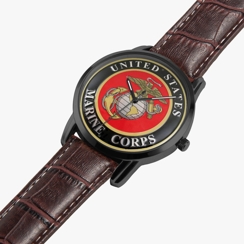 United States Marine Corps-Wide Type Black Watch is displayed in a perspective view on a white background with the brown leather band.