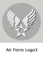 A grey circular emblem with white wings and a star in the center, representing the logo of the Air Force. Below the emblem, there is text that reads "Air Force Logo3".