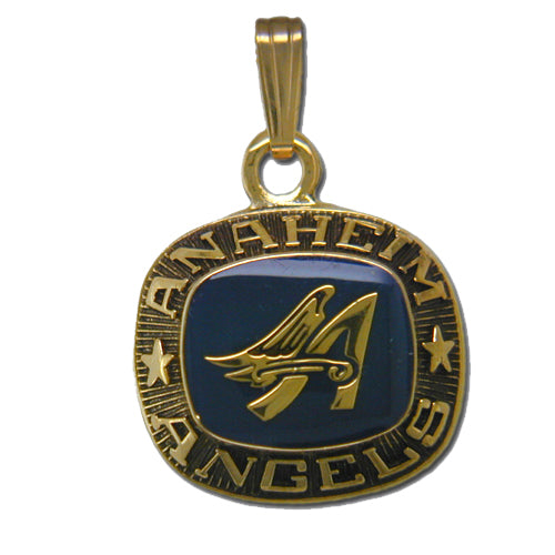 The Anaheim Angels Goldtone Pendant with Enamel features a winged "A" logo, "ANAHEIM ANGELS" and stars on a dark blue background—a classic Balfour Sports collectible.