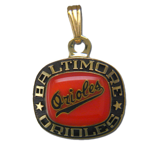 The Baltimore Orioles Goldtone Pendant with Enamel features "Baltimore Orioles" encircling a red center with "Orioles" in script across it.