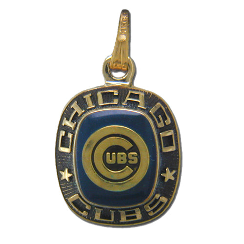 Show your Cubs pride with this classic Balfour Chicago Cubs Goldtone Pendant with Enamel, featuring the team logo at the center, "Chicago Cubs" around the border, and two small stars on each side—a must-have for any fan.