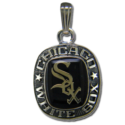 The Chicago White Sox Celestrium Pendant with Enamel features the team’s black and white logo, "CHICAGO WHITE SOX" engraved around the edge, and a decorative bail. Made by Balfour for lasting style.