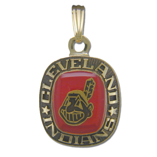 The Cleveland Indians Goldtone Pendant with Enamel from Balfour Sports features the Major League Baseball team's logo. The design includes a stylized Native American face with a feather in the hair, set against a red background, and encircled by the words "Cleveland Indians" in gold letters.
