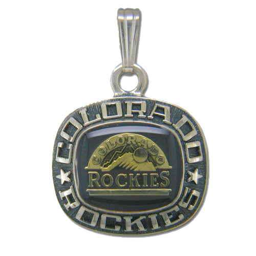 The Colorado Rockies Celestrium Pendant with Enamel showcases team spirit jewelry. Square-shaped with a gold emblem of mountains and "Rockies" in the center, its outer edge features "Colorado Rockies" and a star on each side. Crafted by Balfour Sports for true fans.