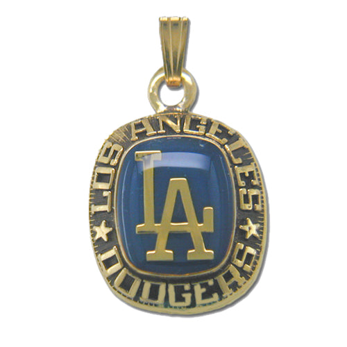 The Los Angeles Dodgers Goldtone Pendant with Enamel showcases the iconic "LA" letters in white on a blue background, bordered by the text "Los Angeles Dodgers" adorned with stars on either side. This exquisite piece from Balfour Sports is a must-have for any fan.