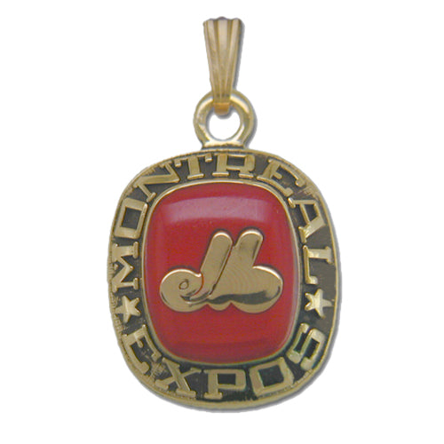 The Montreal Expos Goldtone Pendant with Enamel showcases the Montreal Expos logo set against a red background on a square-shaped pendant with rounded corners. The pendant proudly features the "Montreal Expos" engraving around the logo, accentuated by small stars on either side, making it a true Major League Baseball collectible and a Balfour Sports masterpiece.