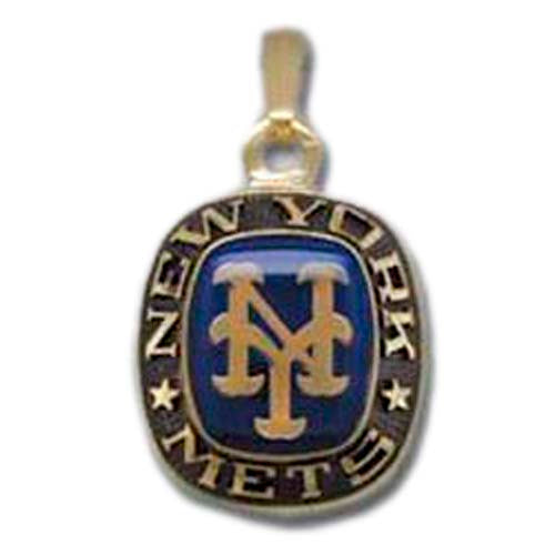 The New York Mets Goldtone Pendant with Enamel from Balfour Sports features the iconic intertwined "NY" letters at its center, encircled by the words "NEW YORK METS" and small stars on a black background.