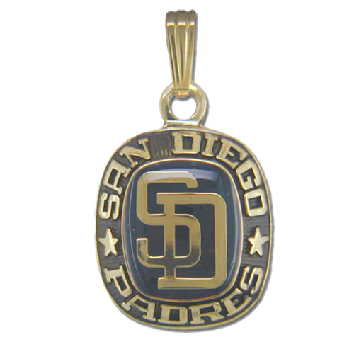 The San Diego Padres Goldtone Pendant with Enamel features a rectangular blue enamel center showcasing the interlocking "SD" initials in gold. This striking design is surrounded by the text "San Diego Padres" in gold letters, flanked by two stars on either side, encapsulating Major League Baseball pride.