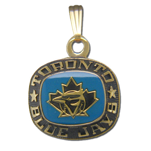 The Toronto Blue Jays Goldtone Pendant with Enamel by Balfour Sports showcases a gold and blue square-shaped design with rounded edges. The pendant features a baseball-themed border embellished with stars, while the blue background accentuates a gold maple leaf and the stylized blue jay head along with the text "Toronto Blue Jays.