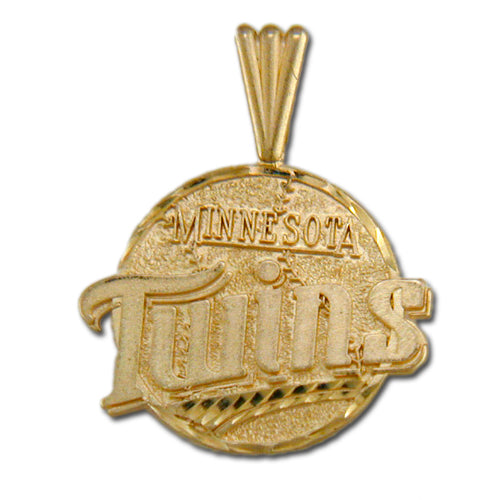 The Minnesota Twins logo 14 kt Gold Pendant features raised, stylized lettering in a design that proudly represents the Major League Baseball team.