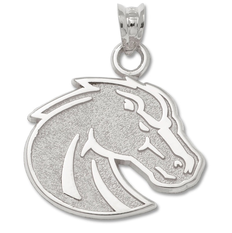 The Boise State University BRONCO HEAD Silver Pendant showcases a stylized horse head profile in sterling silver, complete with a textured background. The dynamic and strong design features flowing lines that suggest the mane and jawline, all encapsulated by a polished border. A loop is included for attaching to a chain or cord, making it an ideal piece for Boise State University fans.