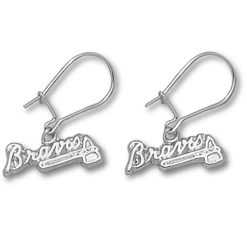 Introducing the Atlanta Braves BRAVES with Tomahawk Earrings from LogoArt Jewelry, crafted in sterling silver. These elegant earrings feature the word "Braves" in a stylized script and incorporate a distinctive bat element for added flair. Designed with a simple hook for easy wearing, they dangle gracefully to showcase your team pride.