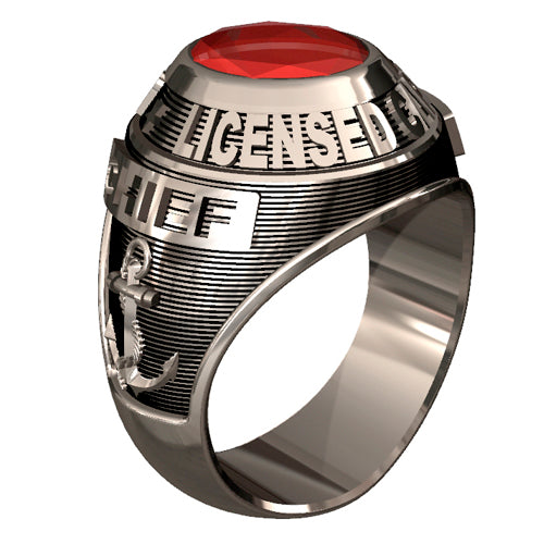 USCG Licensed Captains Men's Goldtone Ring - Features a large, round gemstone set in a raised bezel with Licensed Captains logos on the sides