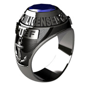 USCG Licensed Captains Men's Silver Ring - Features a large, round gemstone set in a raised bezel with Licensed Captains logos on the sides