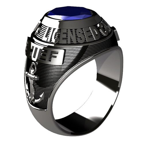 USCG Licensed Captains Men's Silver Ring - Features a large, round gemstone set in a raised bezel with Licensed Captains logos on the sides