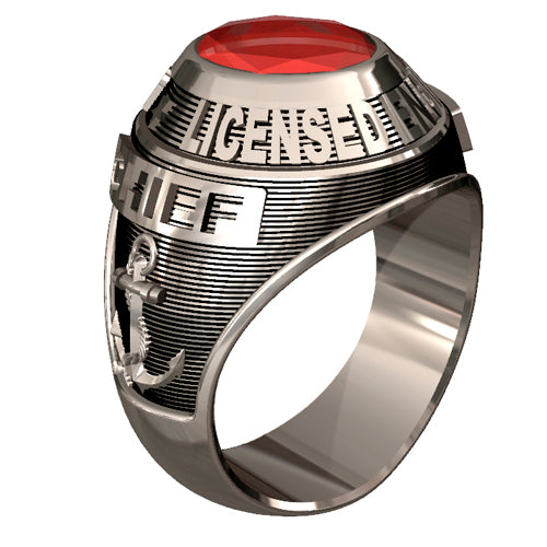USCG Licensed Engineers Men's Goldtone Ring - Features a large, round gemstone set in a raised bezel with Licensed Engineers logos on the sides