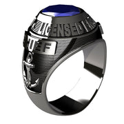 USCG Licensed Engineers Men's Silver Ring - Features a large, round gemstone set in a raised bezel with Licensed Engineers logos on the sides