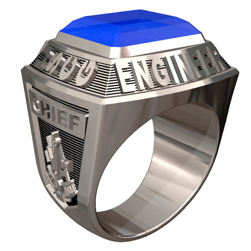 USCG Licensed Engineers Men's Championship Style Type I Silver Ring - Echoing the design of championship rings, this ring features Licensed Engineers insignia on the sides