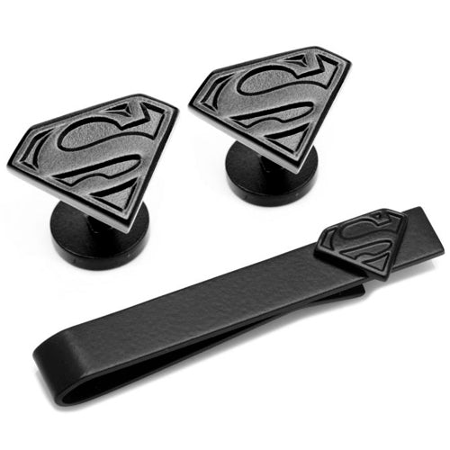 Superman Satin Black Cufflinks and Tie Bar Gift Set