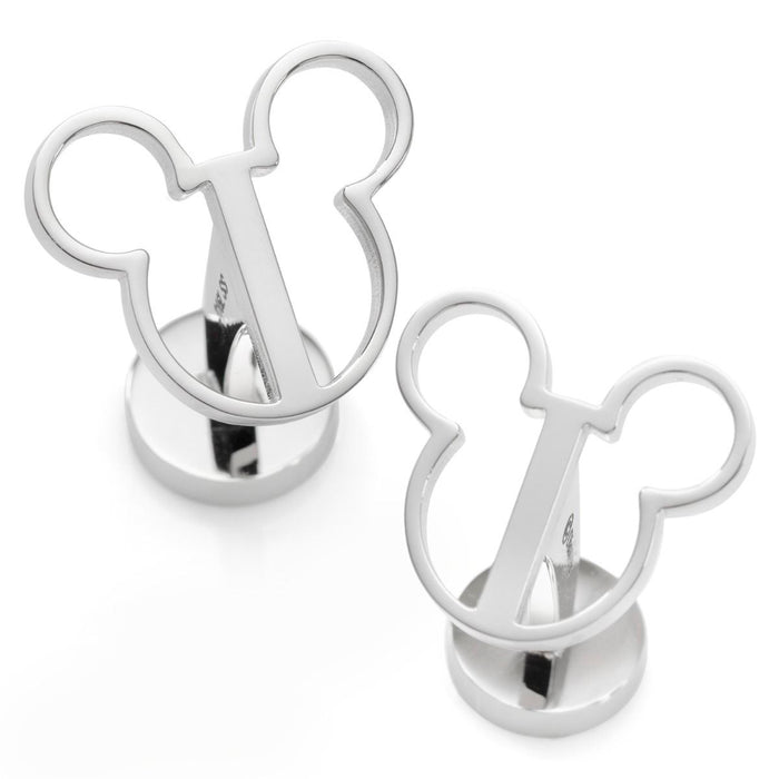 A pair of Mickey Mouse Silhouette Cutout Cufflinks, made from silver stainless steel and featuring prominent "L" and "V" cut-out designs. These cufflinks have a sleek, metallic finish that evokes the iconic mouse silhouette.