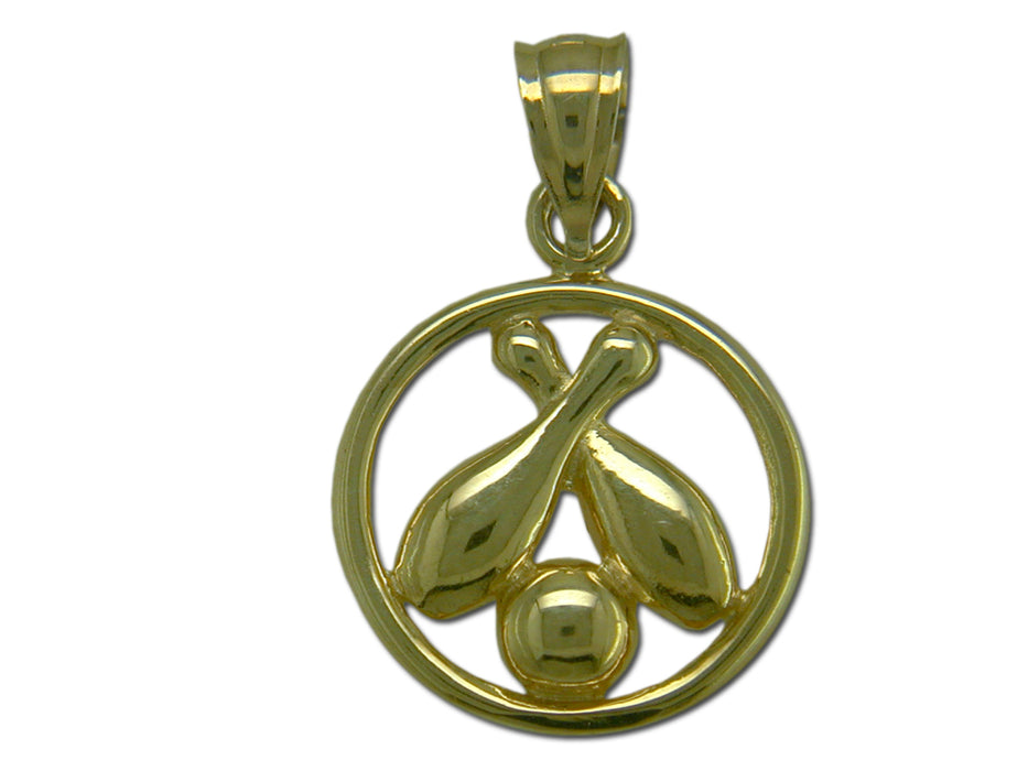 Bowling Pins and Ball in Circle 14 kt gold Pendant