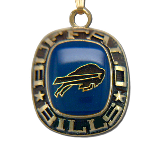 The Buffalo Bills Goldtone Pendant with Enamel features a blue center with the team’s stylized buffalo logo, goldtone border inscribed "BUFFALO BILLS," and star accents.