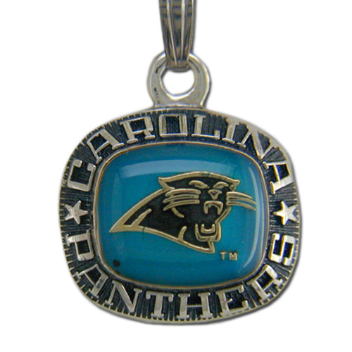 The Carolina Panthers Celestrium Pendant with Enamel features the team’s logo and “Carolina Panthers” engraved around the edge, with a blue enamel background behind the panther head.
