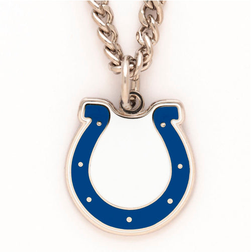 The Indianapolis Colts NFL Pendant is a silver chain necklace featuring the team's iconic blue horseshoe outlined in silver, with small circular accents along the design.
