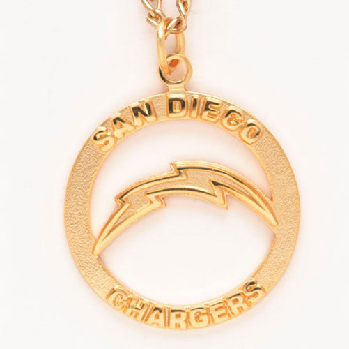 The San Diego Chargers NFL Pendant features a gold pendant with the lightning bolt logo, "SAN DIEGO" on top and "CHARGERS" below in raised letters, attached to a gold chain.
