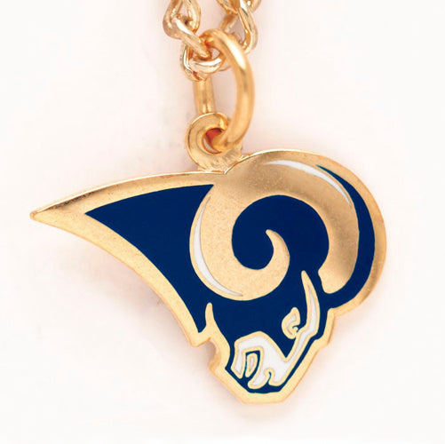 A gold and blue St. Louis Rams NFL Pendant showcasing a stylized head with a curled horn and drop-shaped body, elegantly attached to a chain.